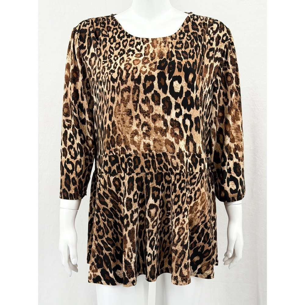 Ava & Grace Top Womens 2X Tan Leopard Peplum 3/4 Sleeve Stretch Mature Office
